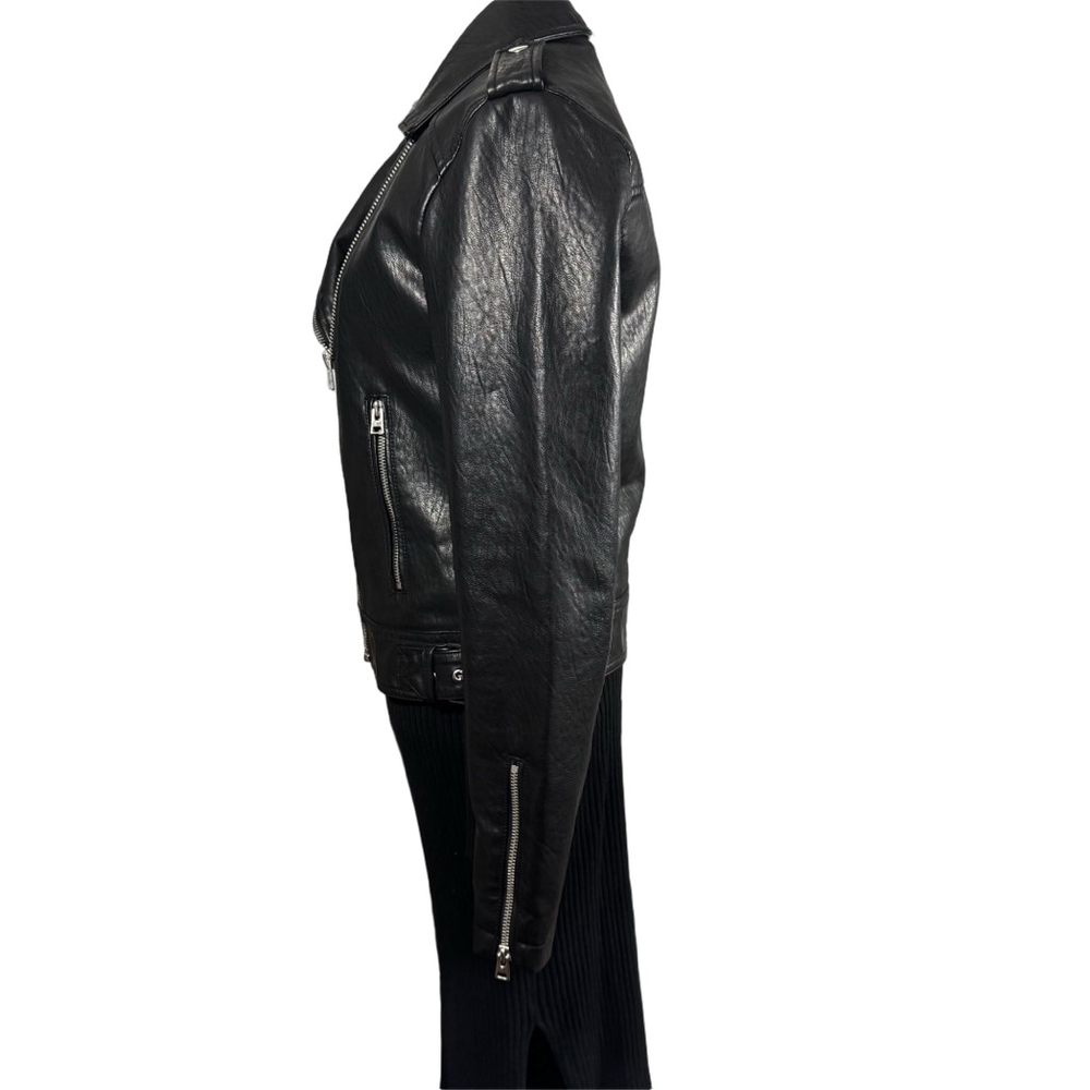 Size 6 Topshop Black Faux Leather classic Moto Jacket pockets Zippers Unisex - Picture 6 of 12